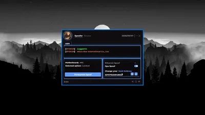 UEFI spoof tab showing permanent spoof switch, GPU and ethernet toggles, and a seed field on a dark mountain-themed dashboard.
